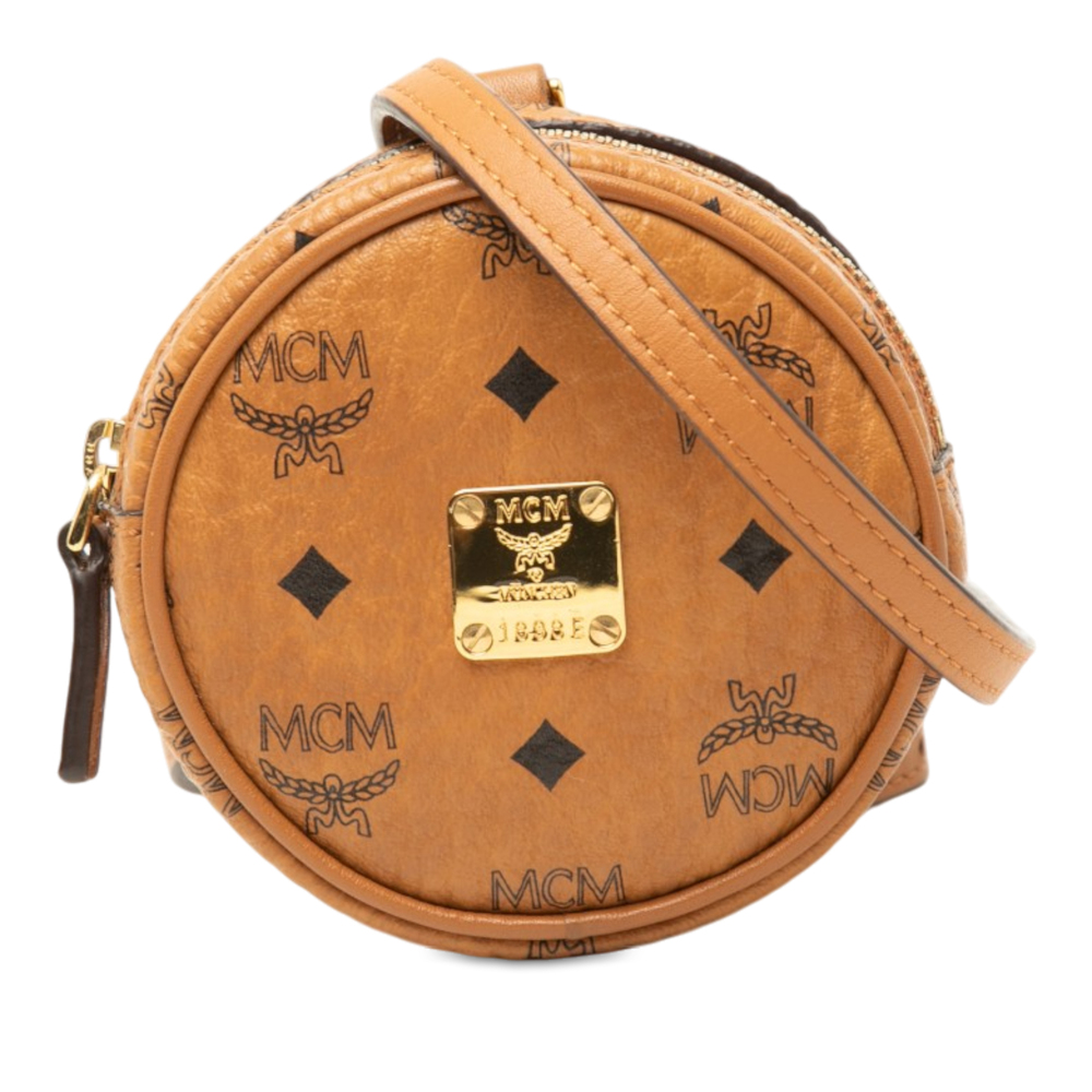 Pre-Loved MCM Visetos Coated Canvas Round Coin Pouch with Strap